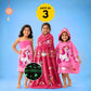 June the Unicorn kids combo featuring a Glow Blanket, Hooded Poncho Towel, and 70 × 140 cm quick-dry terry bath towel, designed for cozy bedtime, bath time, swimming, beach trips, and everyday use.