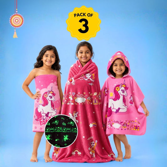 June the Unicorn kids combo featuring a Glow Blanket, Hooded Poncho Towel, and 70 × 140 cm quick-dry terry bath towel, designed for cozy bedtime, bath time, swimming, beach trips, and everyday use.
