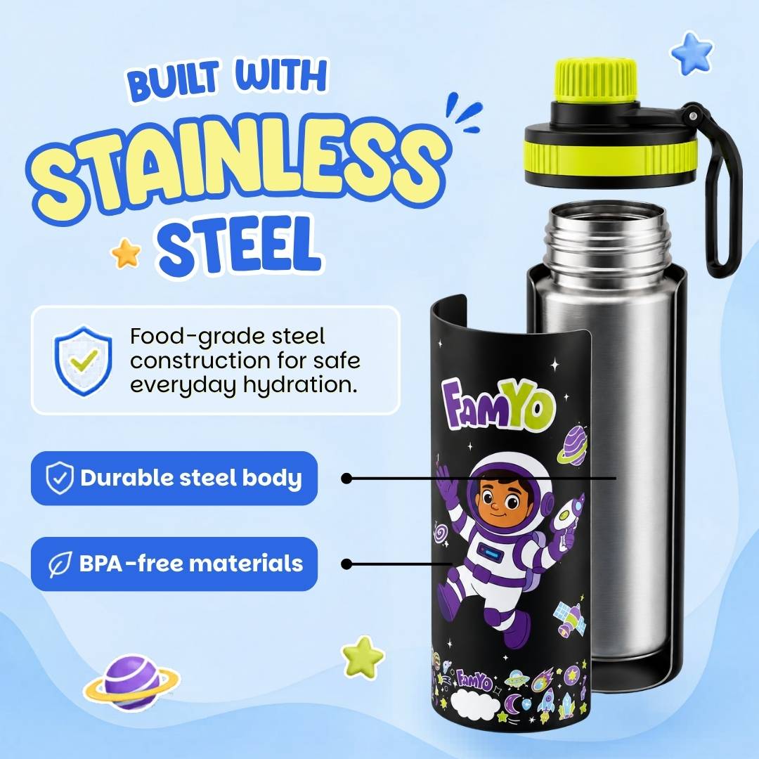Famyo Leo the Astronaut 900 ml for kids - school essentials - stainless steel - BPA free materials - durable - lightweight