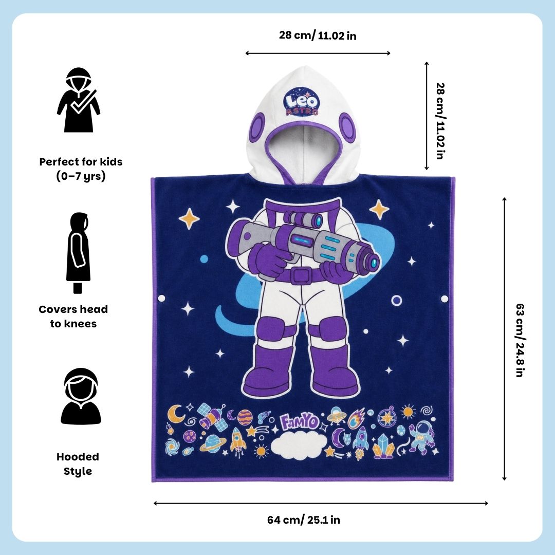 Dark Blue Astronaut hooded poncho towel for kids featuring ultra-soft quick-dry microfiber fabric, lightweight wearable design, attached hood, knee-length coverage, and ideal for bath, beach, pool, swimming, travel, and everyday use.