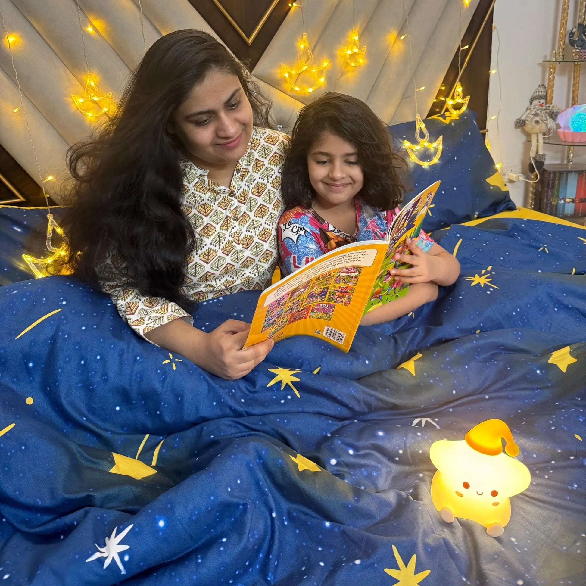 Story time with Famyo's moon and stars themed playful design for kids bed