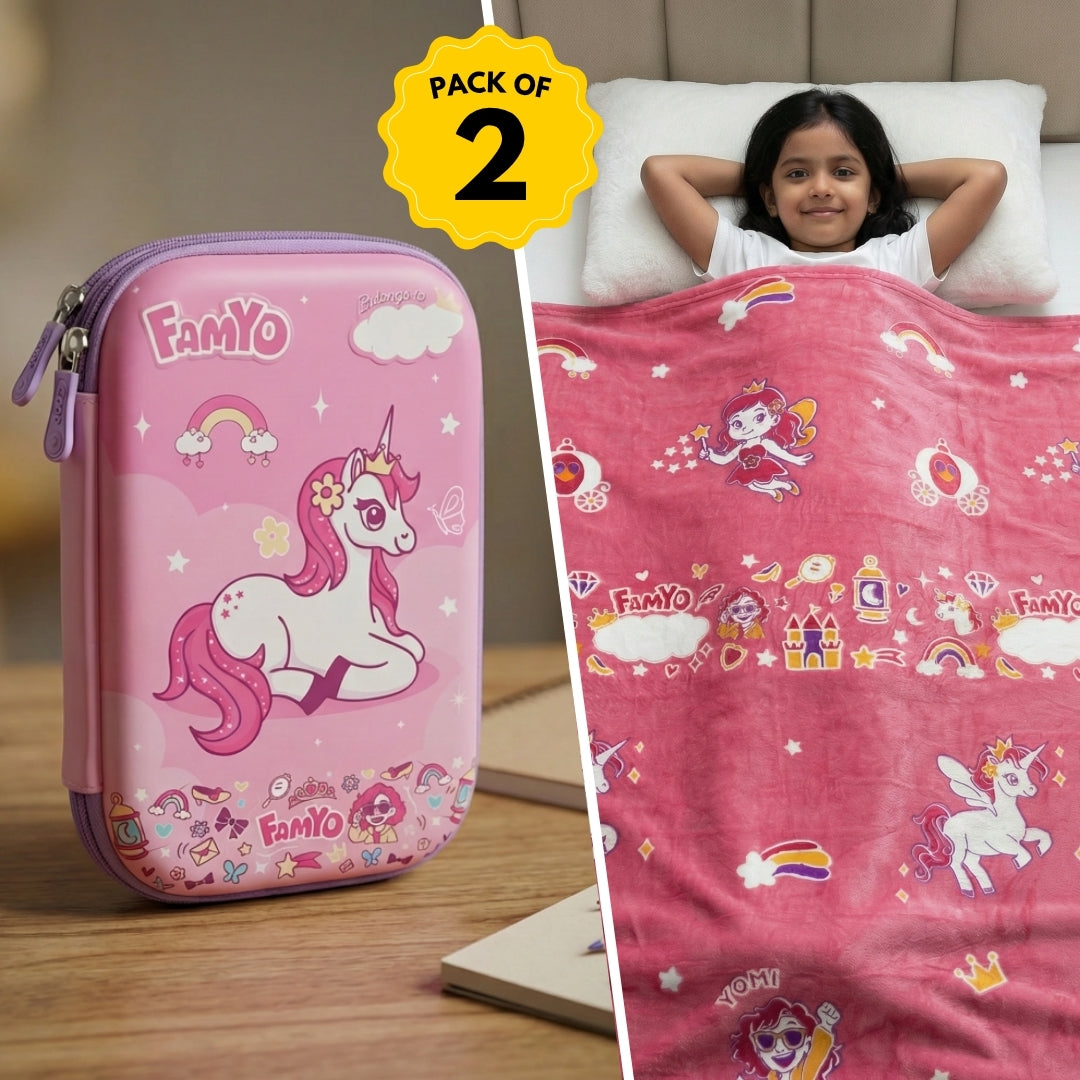Famyo Pink June the Unicorn Pencil Pouch and Glow-in-the-Dark Blanket in Unicorn design for kids - pencil box - glow blanket - for kids