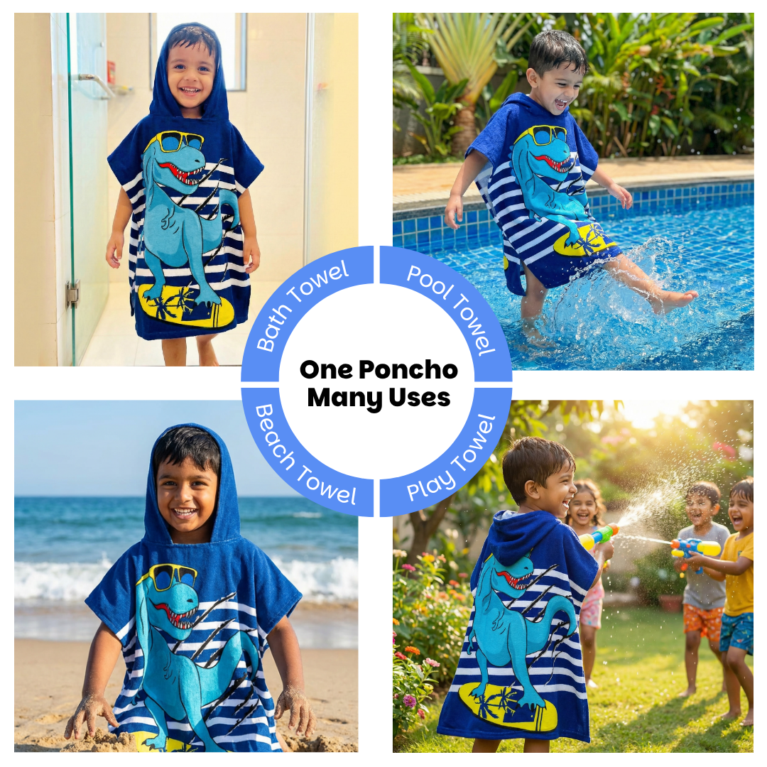 Cool Blue Dino Poncho Bath Towel for Kids, 1-7 years, 60 x 60cm | 100% Cotton, Skin-Friendly Microfiber Hooded Toddler Pool Towel | Quick-Drying, Water Absorbing, Full-Size Bathrobe