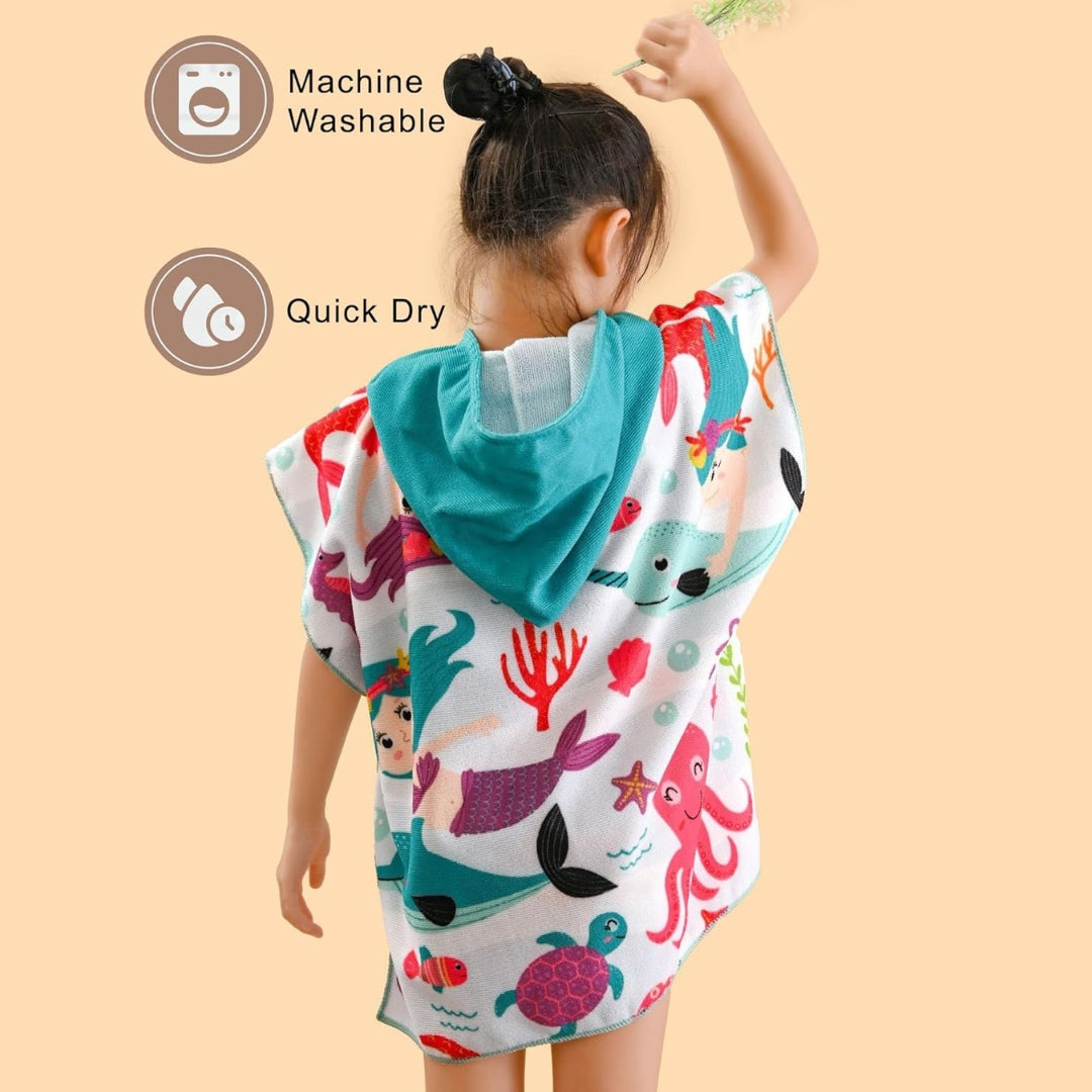 Green Sea Mermaid and Friends Poncho Towel for Kids aged between 0 to 7 years, perfect 60 x 60 cm size. Cool Poncho Bath Robe Towels for Kids at lowest prices only @ Famyo. Shop 2 Poncho Towels @ Just Rs 999 with poncho999