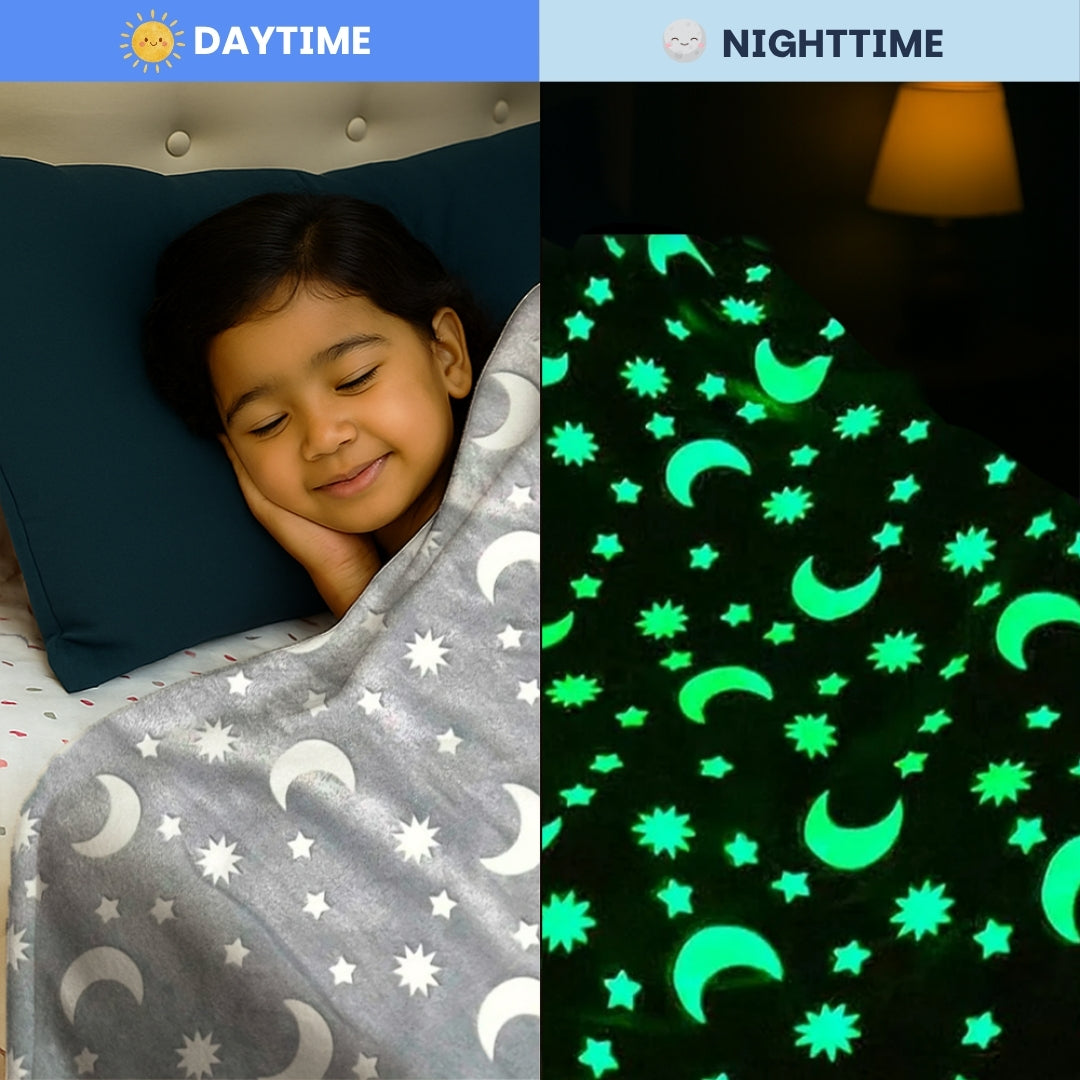Moon & Stars Glow Blanket | Soft Flannel AC Blanket for All-Season | Perfect Gift for Kids