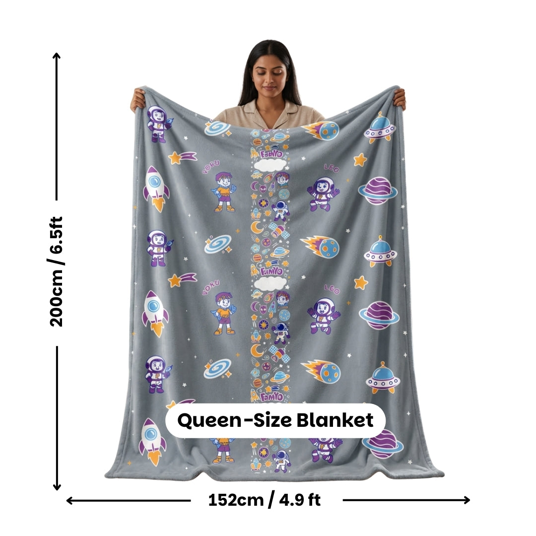 Leo the Astro Glow Maxx Blanket & Blue Space Pencil Pouch Combo | Soft Flannel Queen Size AC Blanket + Soft Shell Pencil Box for Kids - Famyo Gift Set
