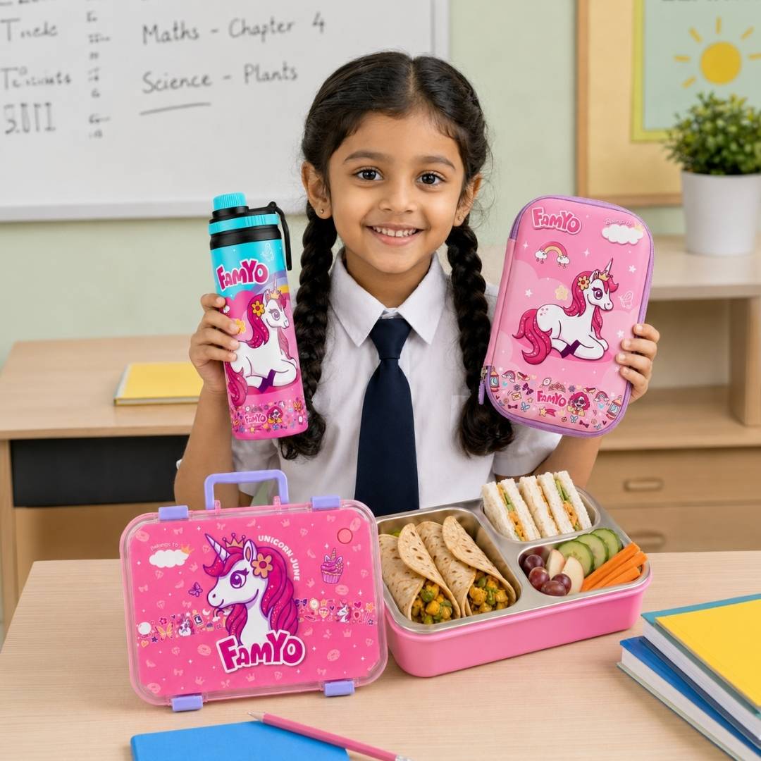 Famyo june the unicorn combo kit for kids - school essentials - unicorn bento lunch box, water bottle and pencil pouch
