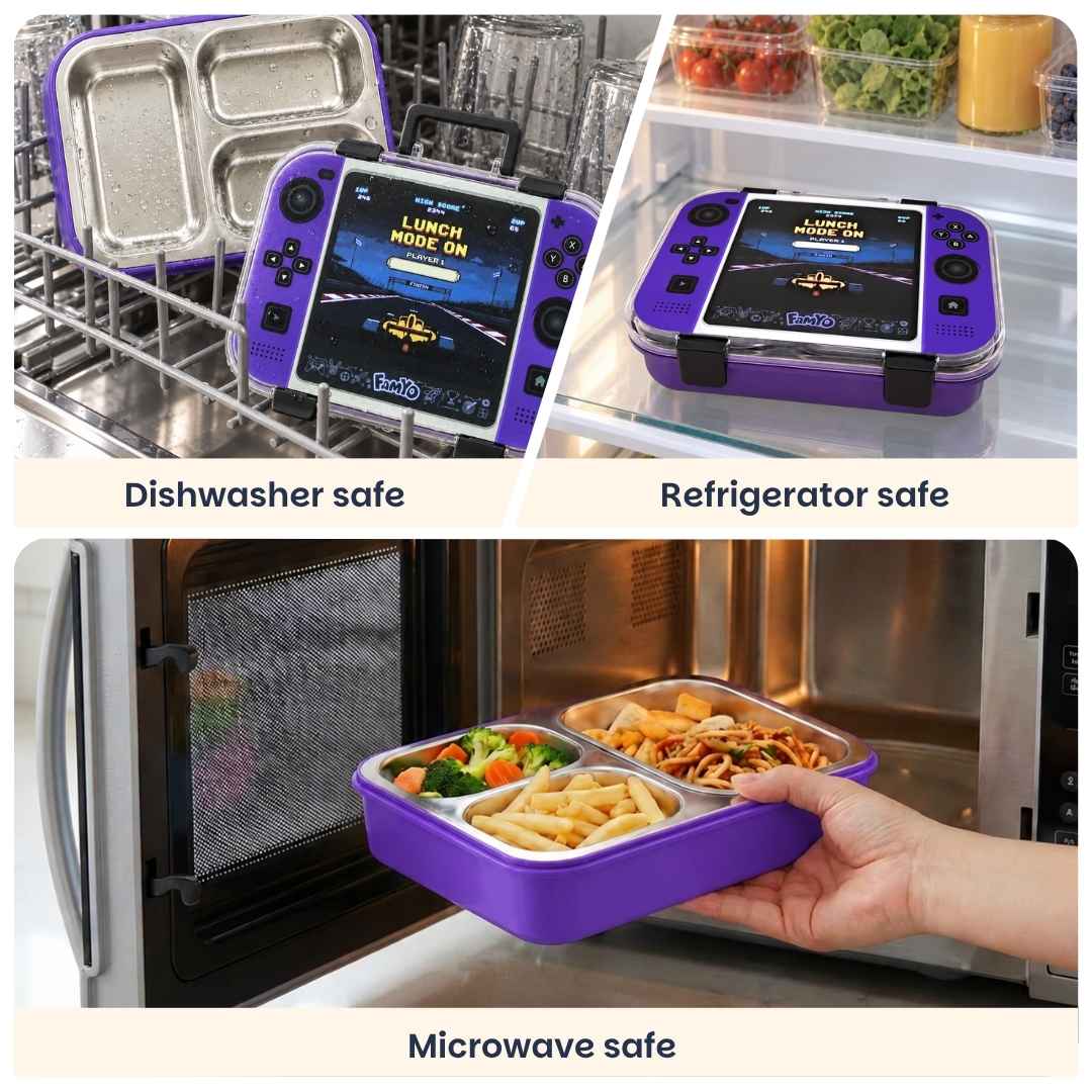 Game On Bento Lunch Box for Kids featuring a video game console print, 3 stainless steel compartments, 800 ml capacity, and a BPA-free outer body