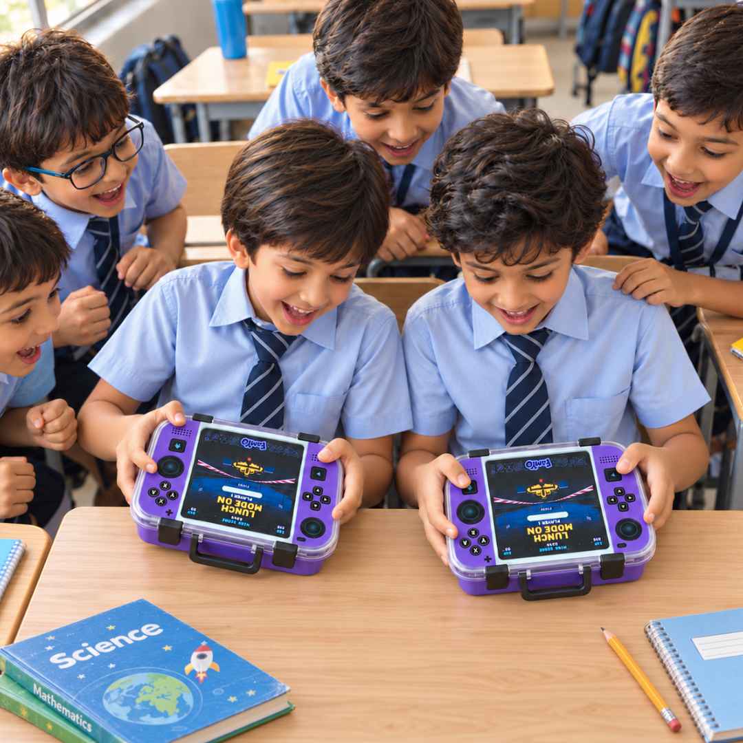 Game On Bento Lunch Box for Kids featuring a video game console print, 3 stainless steel compartments, 800 ml capacity, and a BPA-free outer body