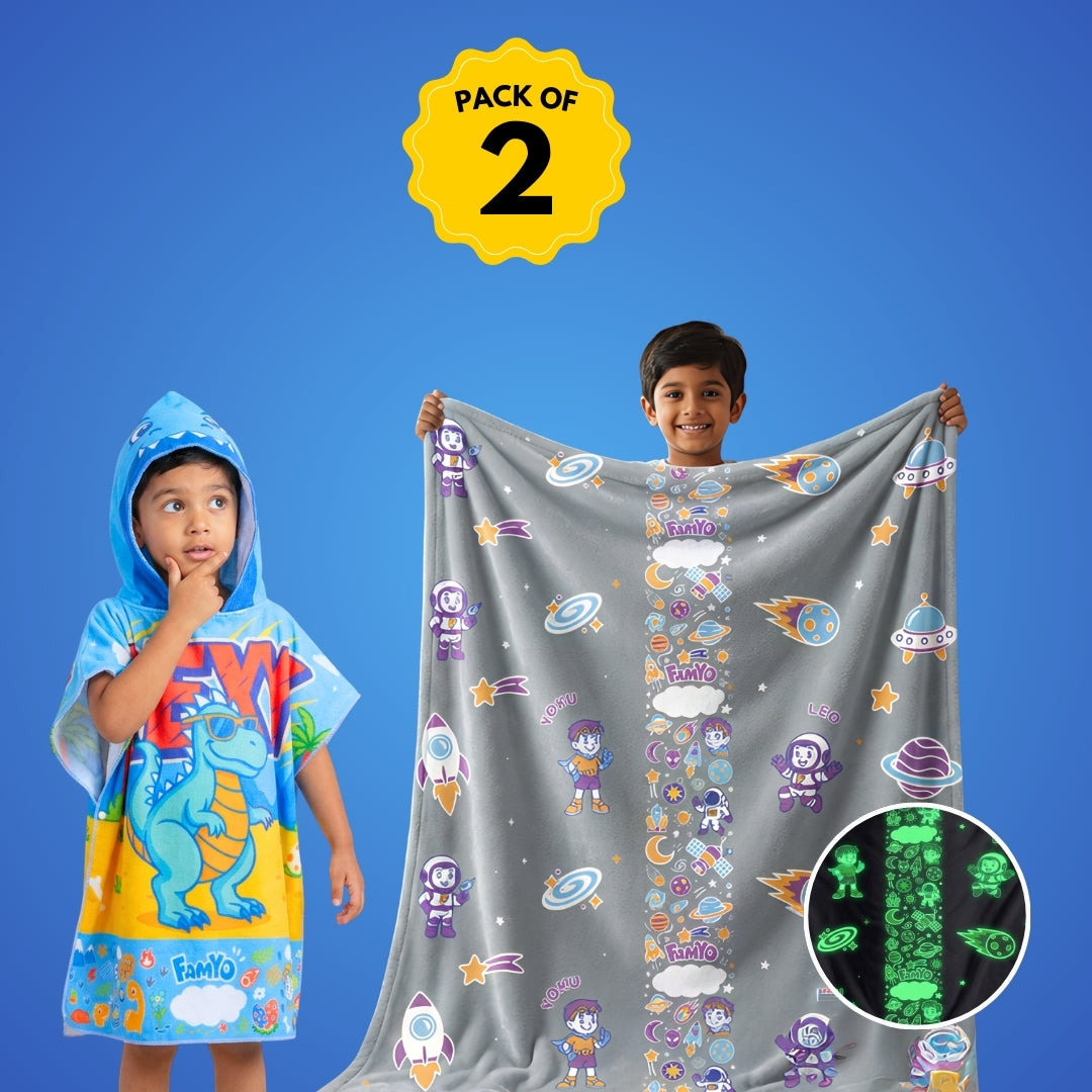 Leo the Astro Glow Maxx Blanket & Rexy the Dino Hood Maxx Poncho Towel Combo – Glow Maxx Series | Soft Flannel Queen Size Blanket & Bath Towel Set