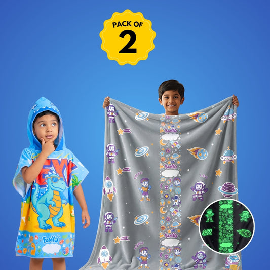Leo the Astro Glow Maxx Blanket & Rexy the Dino Hood Maxx Poncho Towel Combo – Glow Maxx Series | Soft Flannel Queen Size Blanket & Bath Towel Set