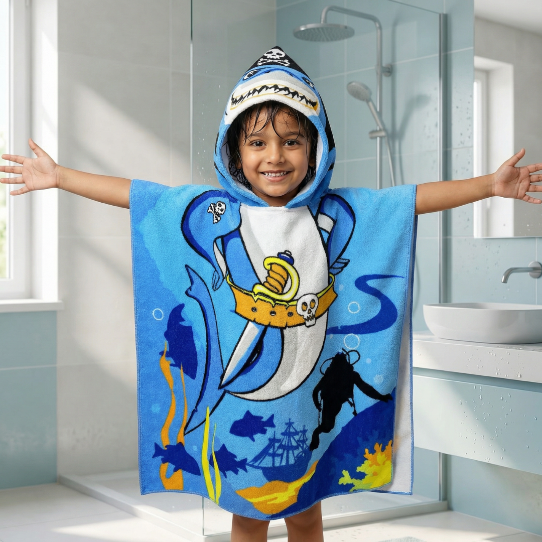 Pirate Baby Shark Hooded Poncho Towel for Kids | Quick-Dry, Highly Absorbent Microfiber Bath Towel