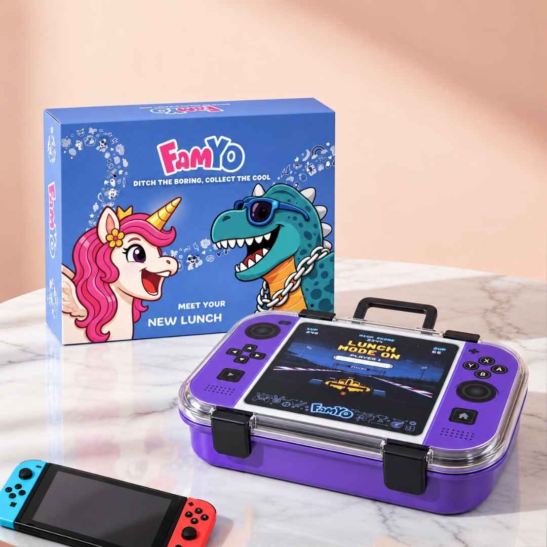 Game On Bento Lunch Box for Kids featuring a video game console print, 3 stainless steel compartments, 800 ml capacity, and a BPA-free outer body