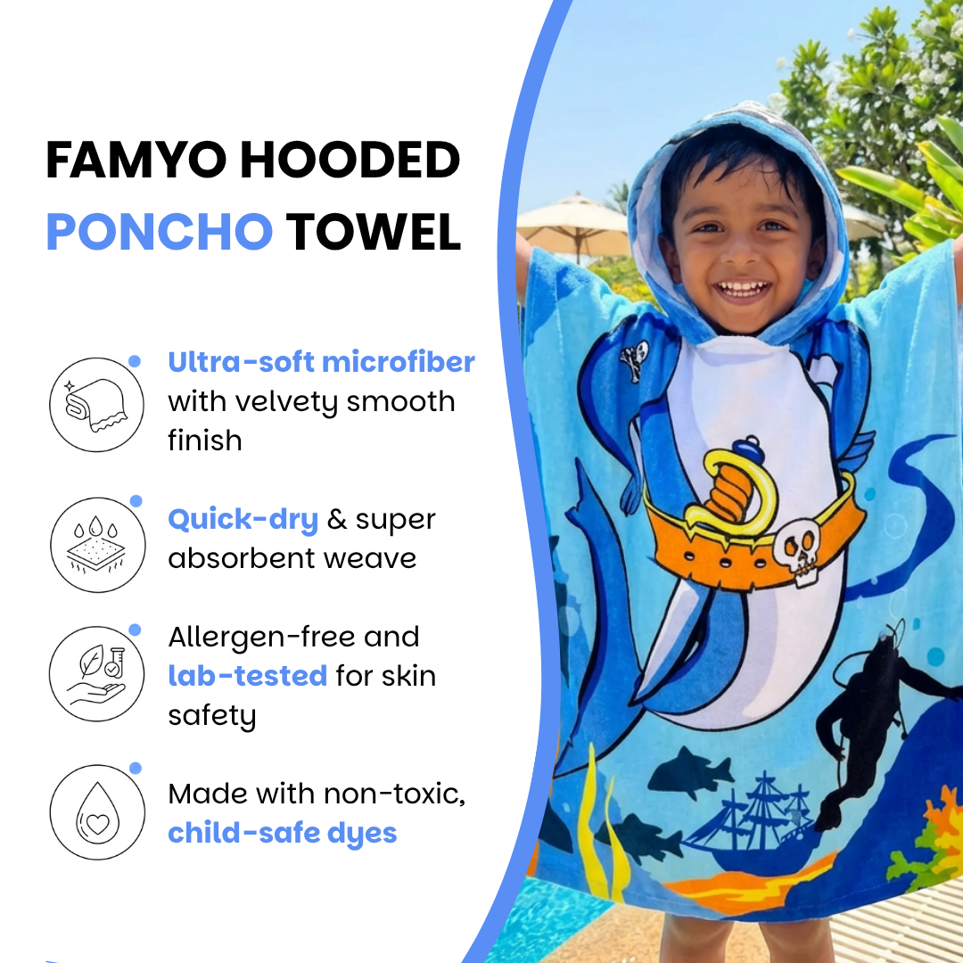 Pirate Baby Shark Hooded Poncho Towel for Kids | Quick-Dry, Highly Absorbent Microfiber Bath Towel