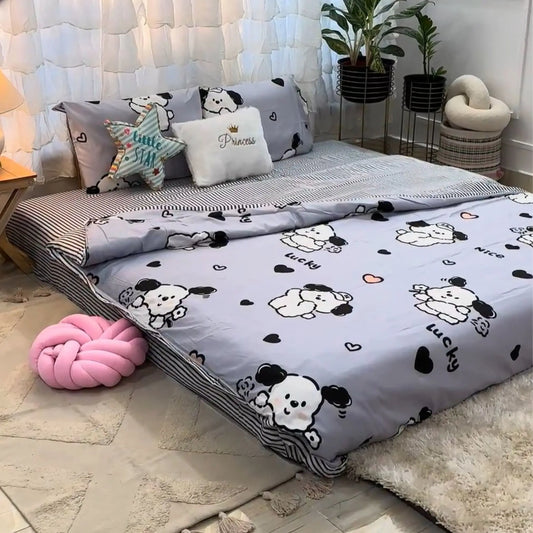 4pc/5pc Bedding Set- Comforter Cover, Queen Fitted Bedsheet, 2 Pillow Covers, Comforter Cute Puppy Famyo