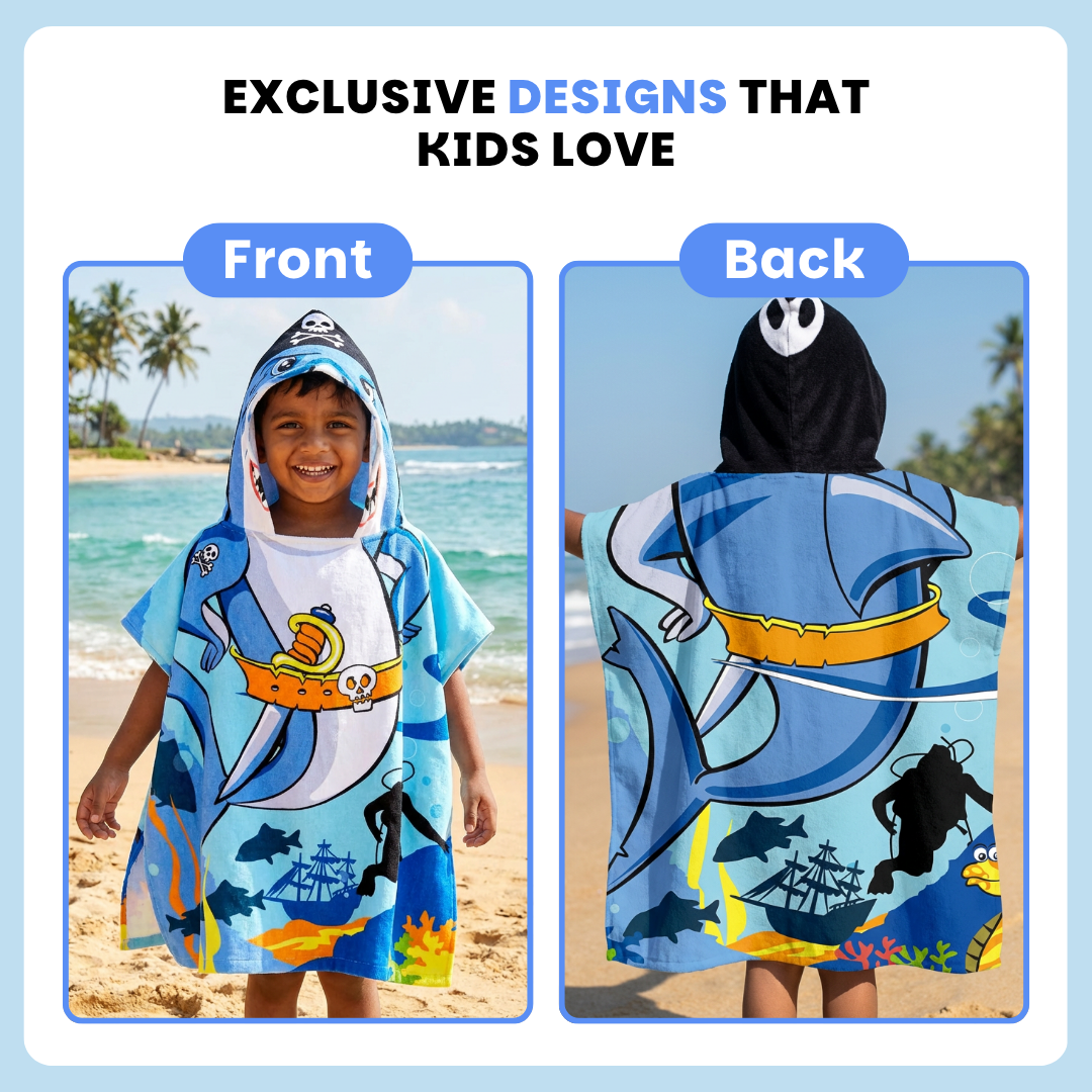 Pirate Baby Shark Hooded Poncho Towel for Kids | Quick-Dry, Highly Absorbent Microfiber Bath Towel