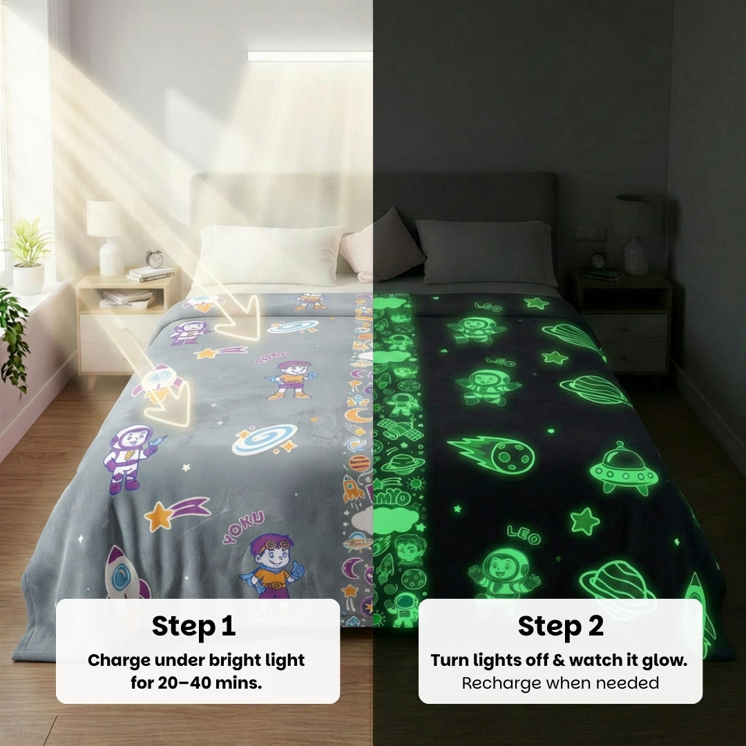 Leo the Astro Glow Maxx Blanket & Rexy the Dino Hood Maxx Poncho Towel Combo – Glow Maxx Series | Soft Flannel Queen Size Blanket & Bath Towel Set