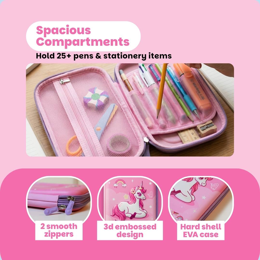 Famyo pencil pouch -june the unicorn- spacious compartments for ids - 2 smooth zippers, 3d embossed design and hard shell eva case
