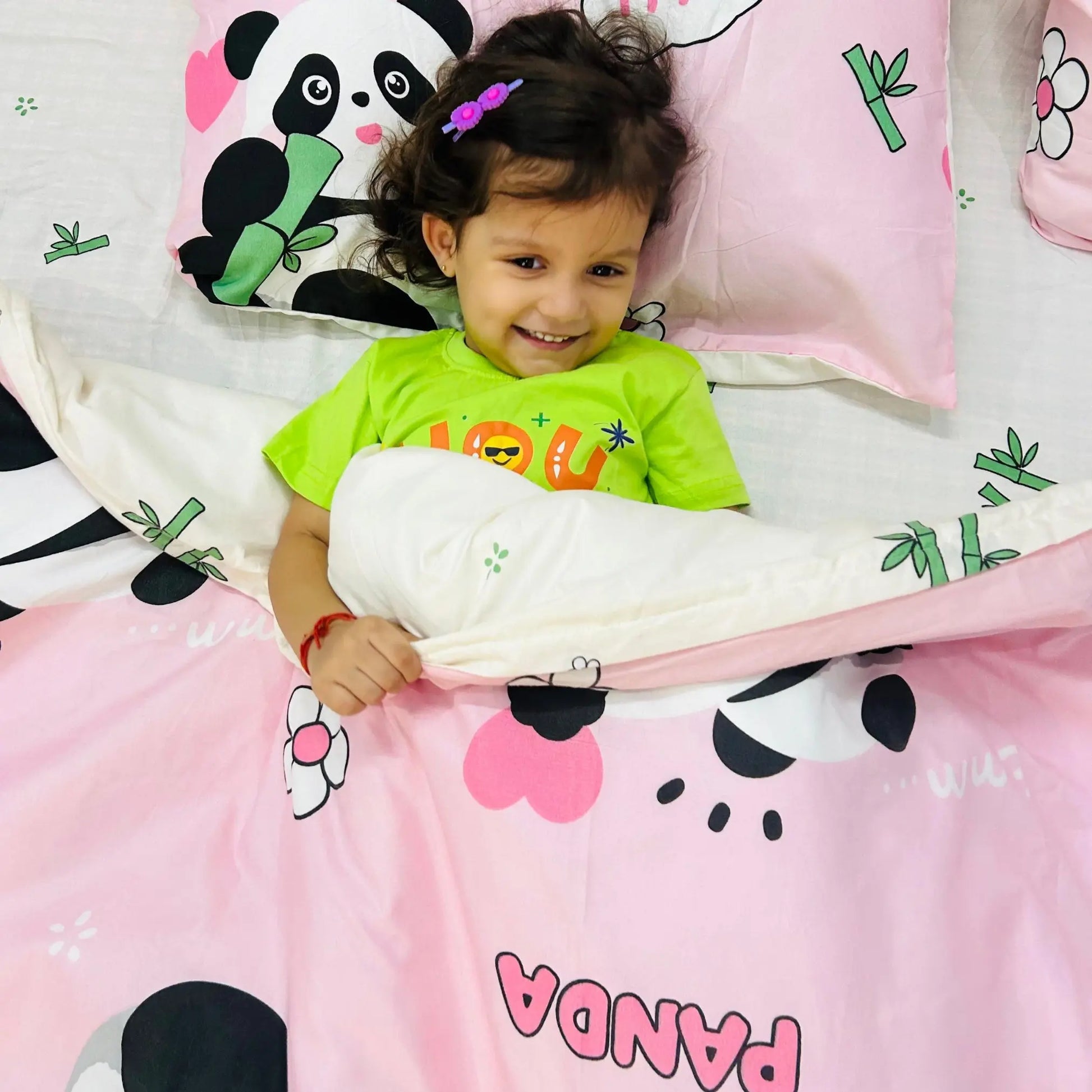 All-season Reversible Comforter in Pink with Adorable Sleepy Panda Design for boys and girls