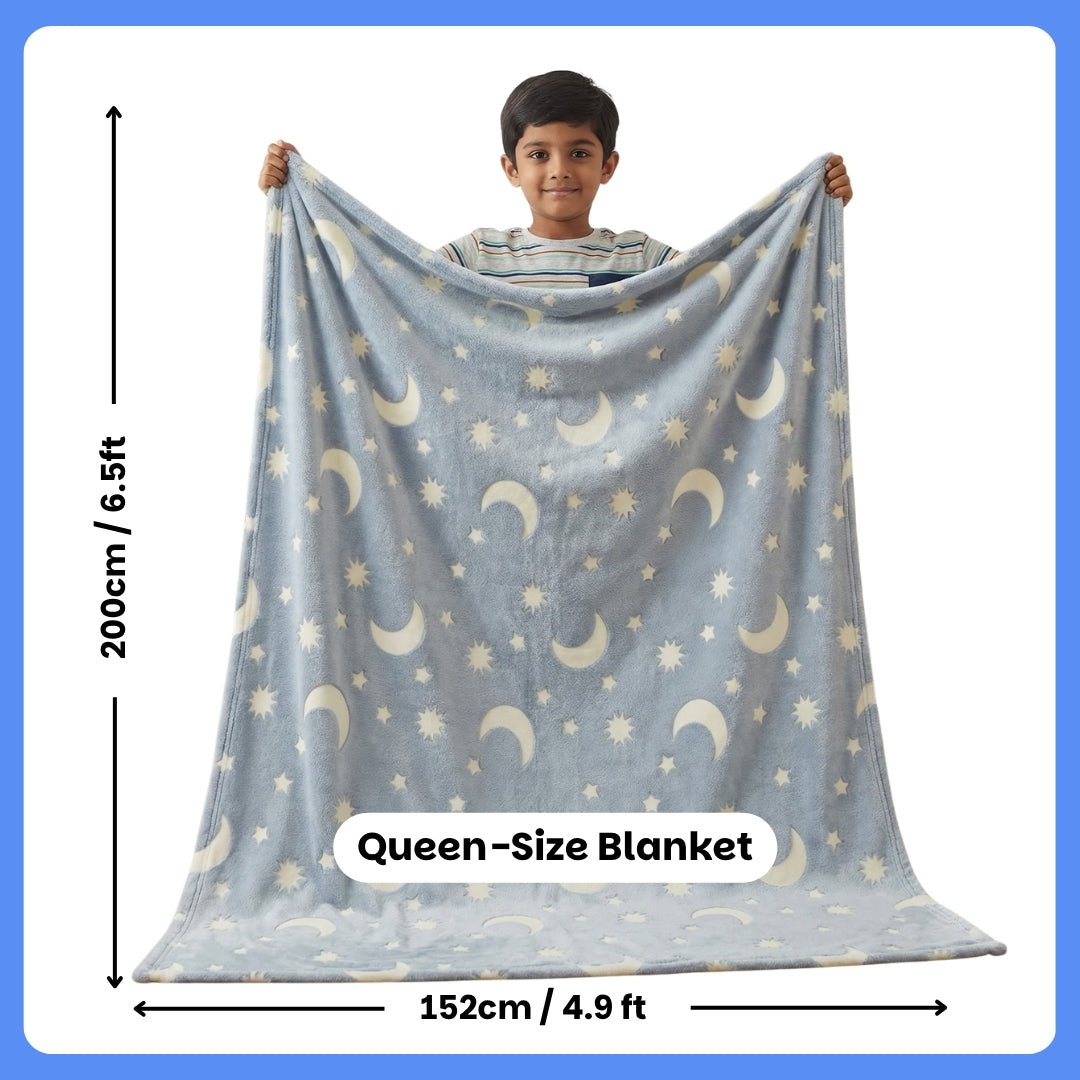 Moon & Stars Glow Blanket | Soft Flannel AC Blanket for All-Season | Perfect Gift for Kids