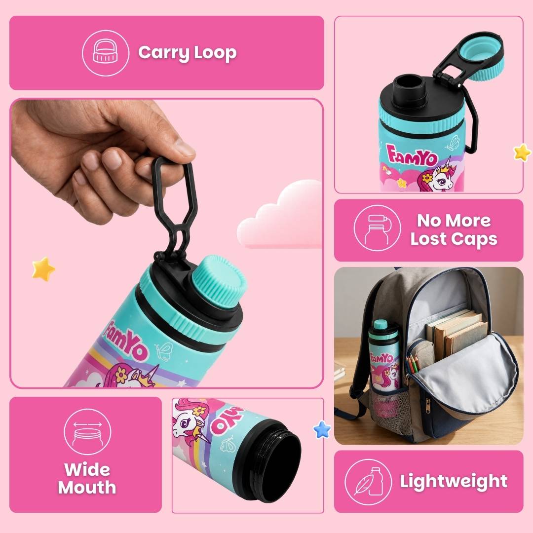 Famyo june unicorn water bottle - 900 ml - carry loop - o more lost caps - wide mouth - llightweight 
