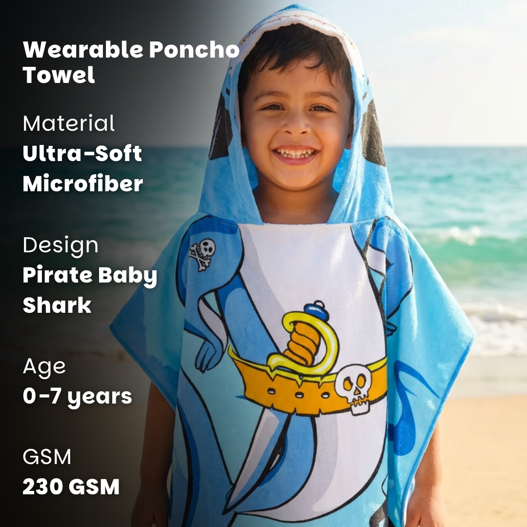 Pirate Baby Shark Hooded Poncho Towel for Kids | Quick-Dry, Highly Absorbent Microfiber Bath Towel