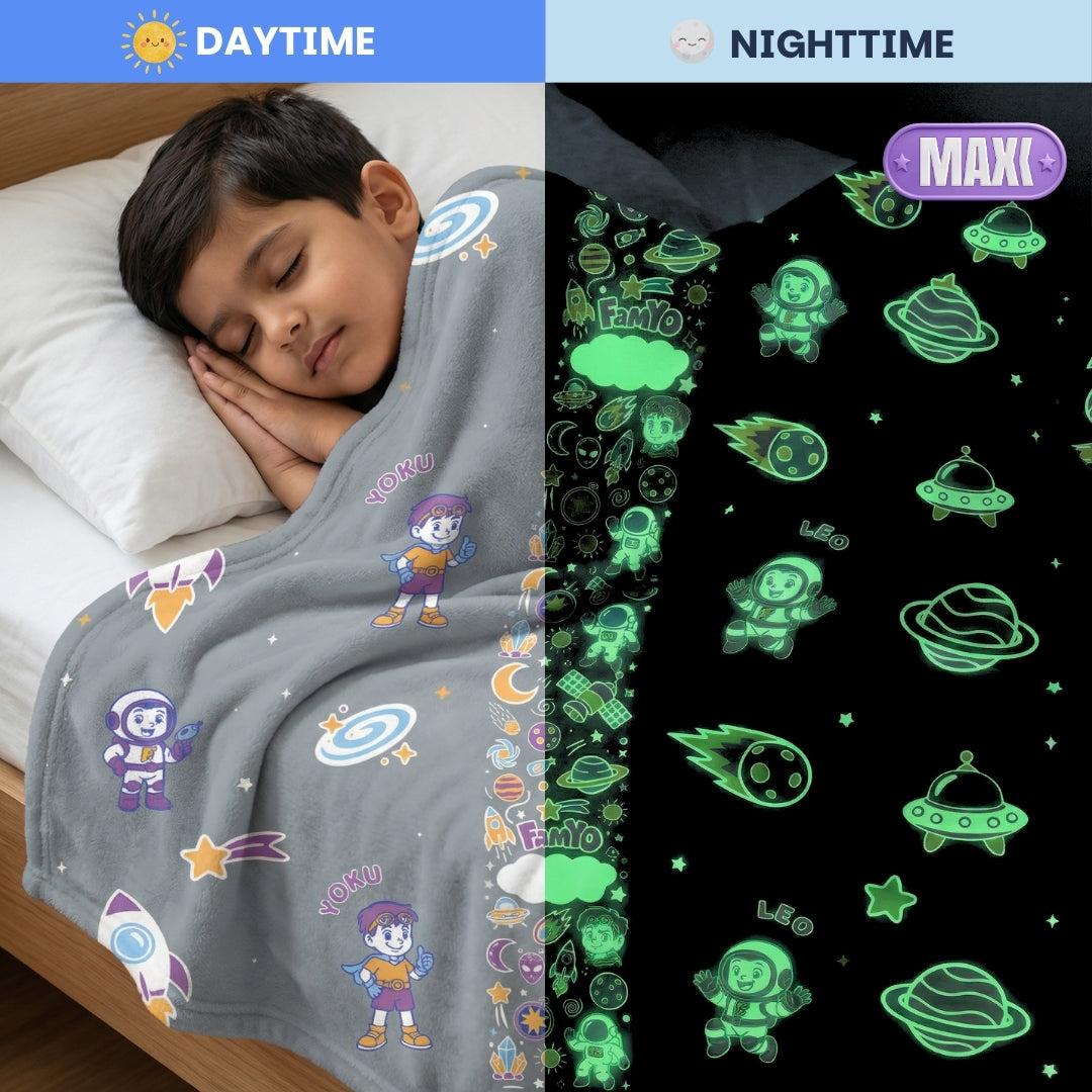 Leo the Astro Glow Maxx Blanket & Rexy the Dino Hood Maxx Poncho Towel Combo – Glow Maxx Series | Soft Flannel Queen Size Blanket & Bath Towel Set