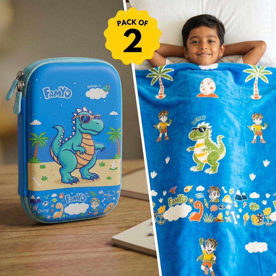 Famyo Glow in the dark blanket & Pencil pouch - rexy the dinosaur design