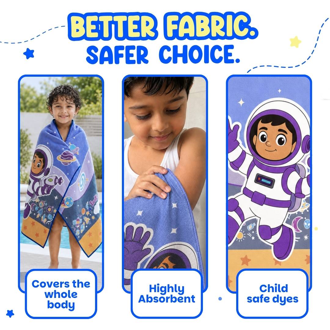 Famyo Leo the Astronaut Flat Towel for Kids made with premium microfiber fabric featuring quick dry technology, lightweight and travel friendly design, fade resistant print, soft and highly absorbent for bath, beach, swimming and everyday use.