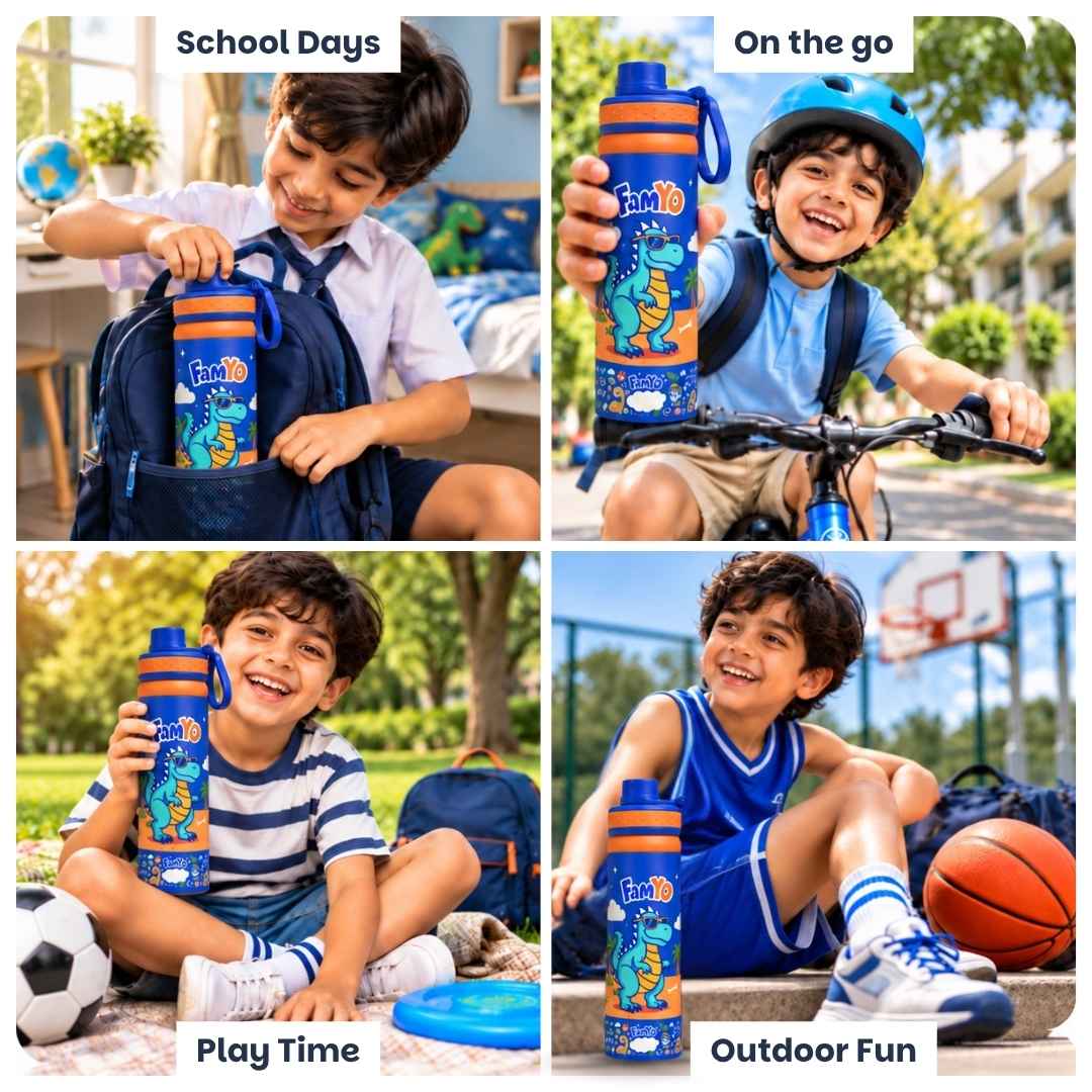 Kids stainless steel water bottle available in June the Unicorn, Rexy the Dinosaur, Leo the Astronaut, Dark Blue Astronaut, and Lavender Unicorn designs, featuring a 900 ml capacity, ideal for school, travel, and everyday hydration.