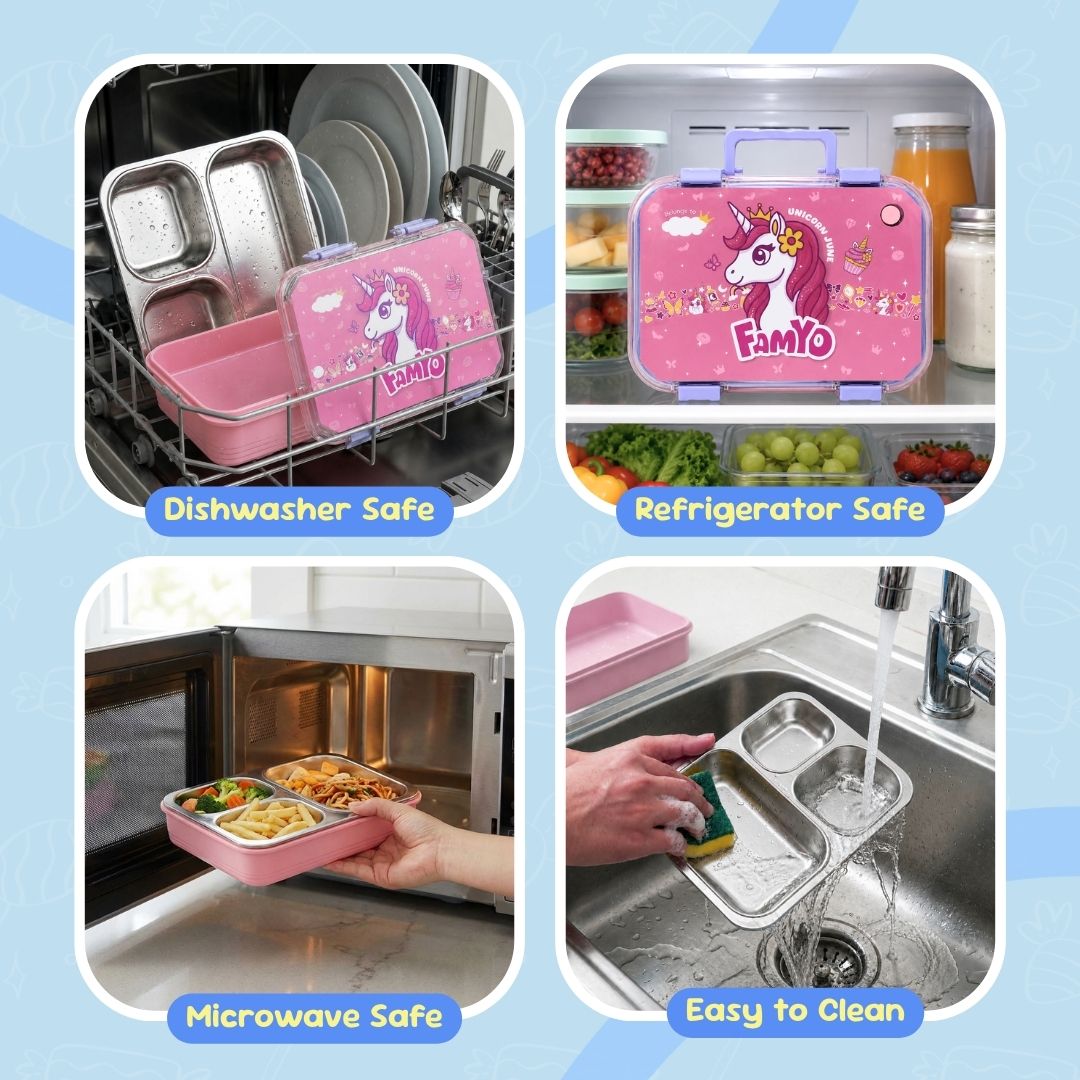June the Unicorn bento lunch box for kids featuring 3 stainless steel compartments, 800 ml leakproof design, BPA-free outer body, child-friendly locking clips, organised meal storage, and perfect for school lunches, travel, daycare, and everyday use.