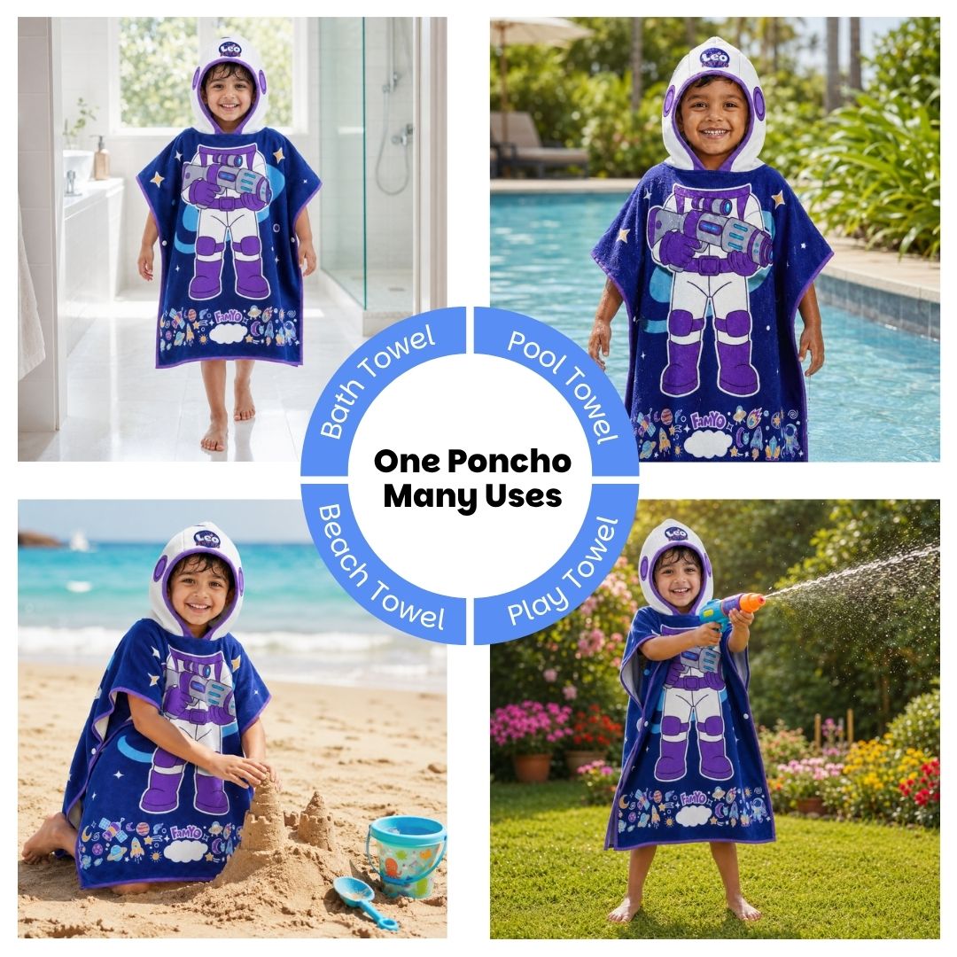 Dark Blue Astronaut hooded poncho towel for kids featuring ultra-soft quick-dry microfiber fabric, lightweight wearable design, attached hood, knee-length coverage, and ideal for bath, beach, pool, swimming, travel, and everyday use.