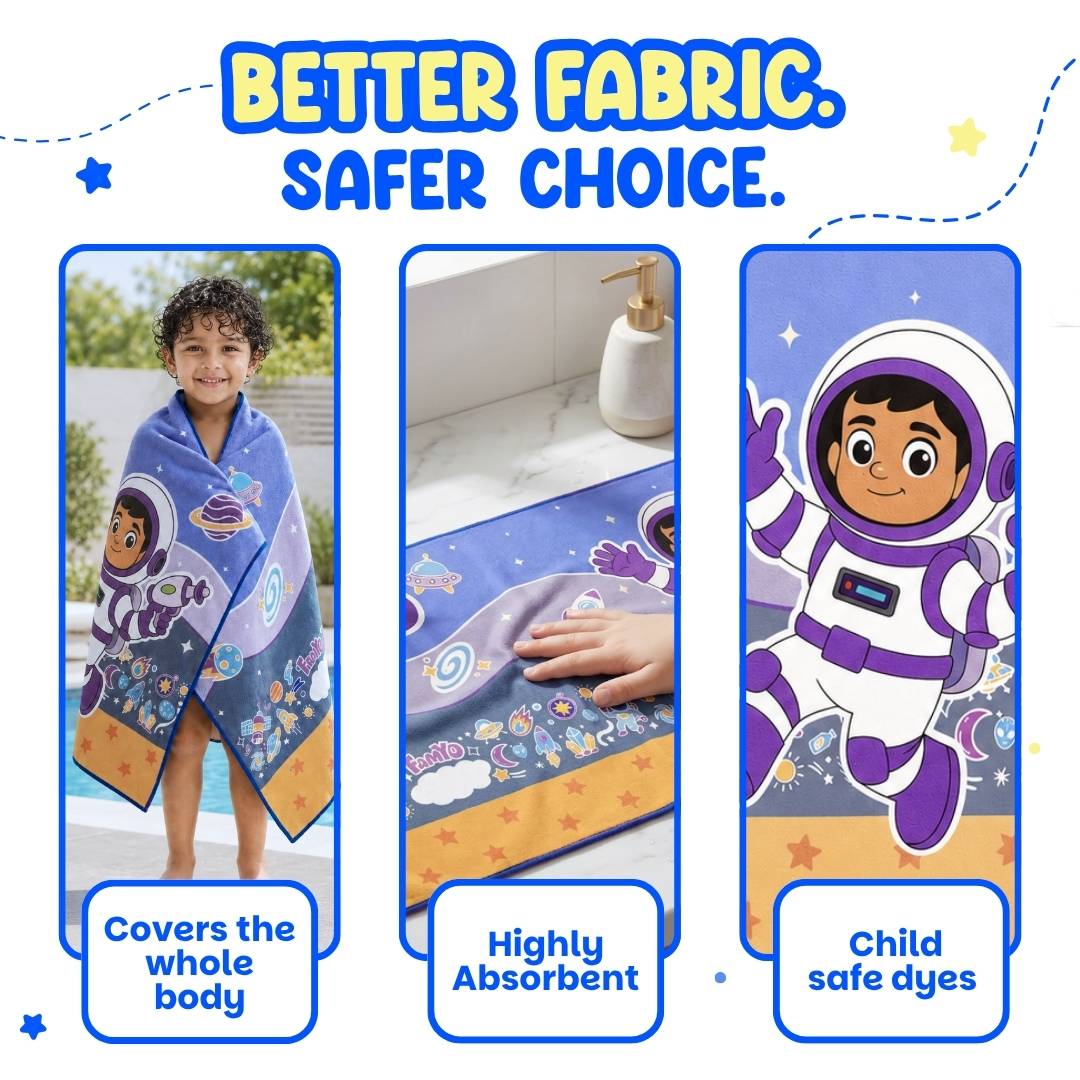 Famyo Leo the Astronaut Flat Towel for Kids made with premium microfiber fabric featuring quick dry technology, lightweight and travel friendly design, fade resistant print, soft and highly absorbent for bath, beach, swimming and everyday use.