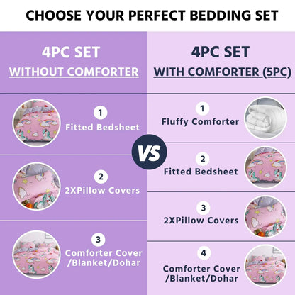 4pc/5pc King Bedding Set- Comforter Cover, Fitted Bedsheet, 2 Pillow Covers, Comforter in Pink Unicorn & Rainbow