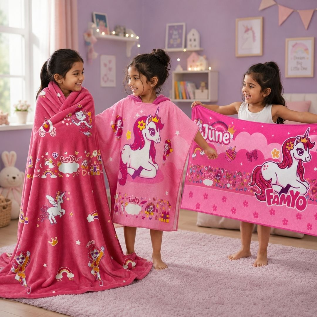 June the Unicorn kids combo featuring a Glow Blanket, Hooded Poncho Towel, and 70 × 140 cm quick-dry terry bath towel, designed for cozy bedtime, bath time, swimming, beach trips, and everyday use.
