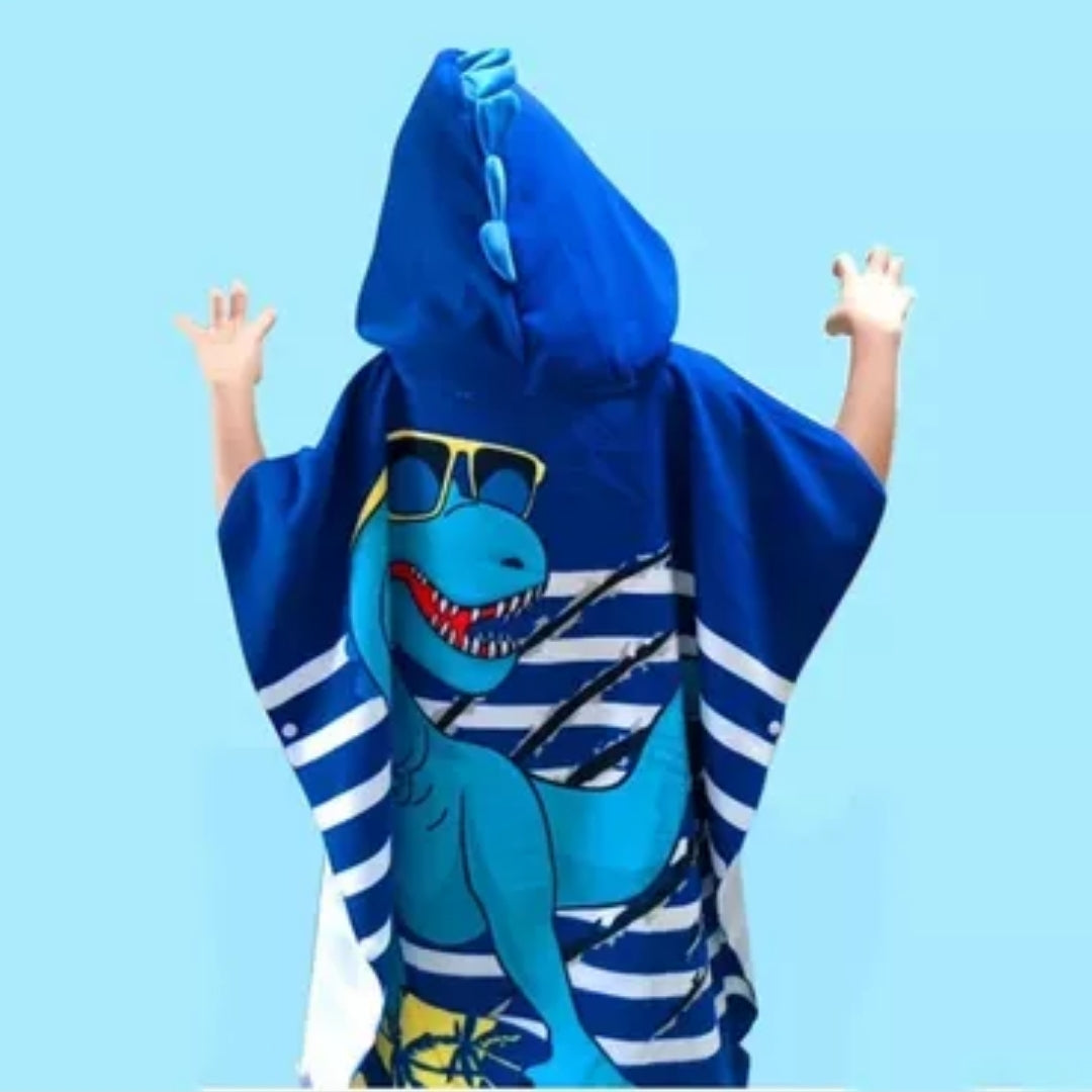 Cool Blue Dino Poncho Towel for Kids | Hooded Bath Towels for Boys & Girls | 60 x 60cm Toddler Pool Towel with Hood, 1-7 years