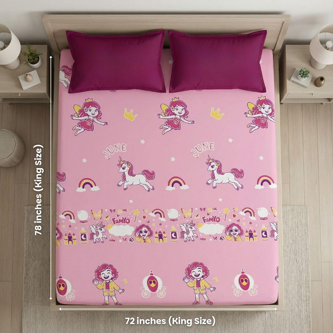 Famyo June the Unicorn Glow Bedsheet for Kids – King Size Fitted Bedsheet Set | Glow Maxx Series | Premium Microfiber (300 TC)
