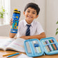 Rexy the Dino water bottle and hard shell pencil pouch combo for kids featuring a 900 ml stainless steel school water bottle and durable Rexy dinosaur pencil case, ideal for school, travel, and everyday use.