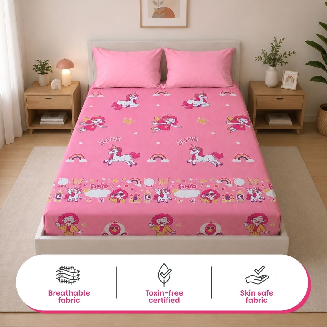 June the Unicorn & Mira the Mermaid Glow in the Dark Quilt/Blanket/AC Comforter & Glow Bedsheet Set for Kids | 4 PC Queen Size Bedding Set