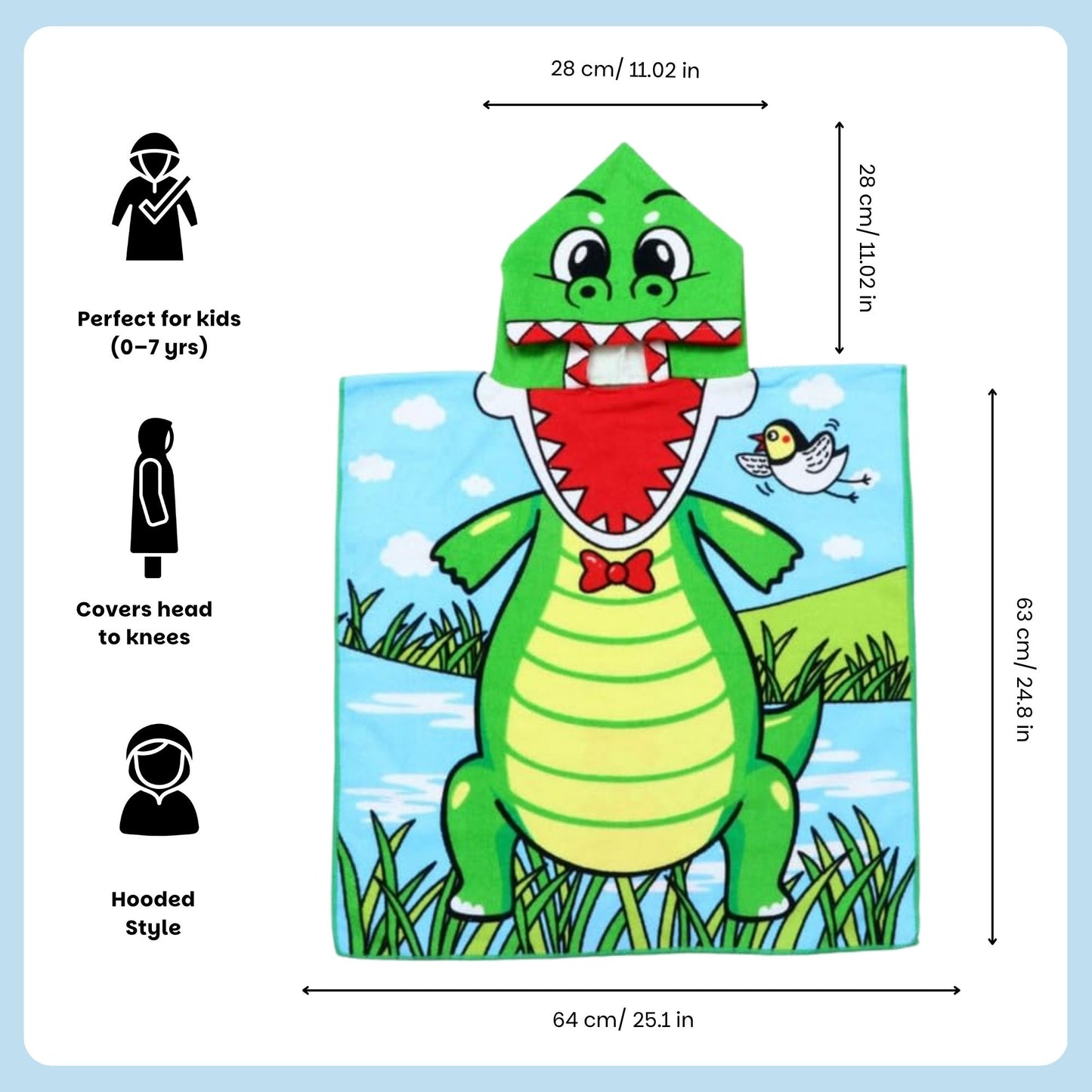 Crocodile Poncho Bath Towel for Kids, 1-7 years, 60 x 60cm | 100% Cotton, Skin-Friendly Microfiber Hooded Toddler Pool Towel | Quick-Drying, Water Absorbing, Full-Size Bathrobe