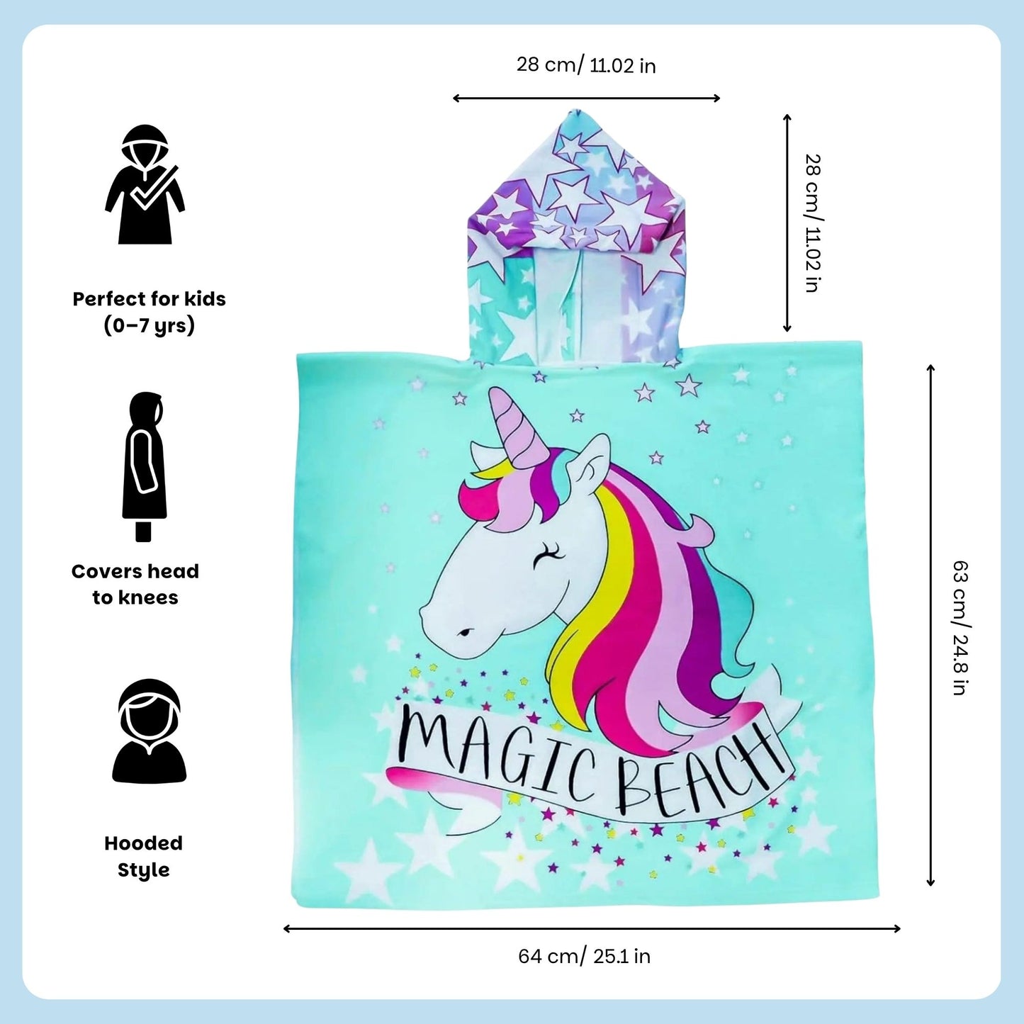 Magic Beach Pink Unicorn Poncho Towel for Kids, 1-7 years, 60 x 60cm | 100% Cotton, Skin-Friendly Microfiber Hooded Kids Bath Towel | Quick-Drying, Water Absorbing, Full-Size Bathrobe