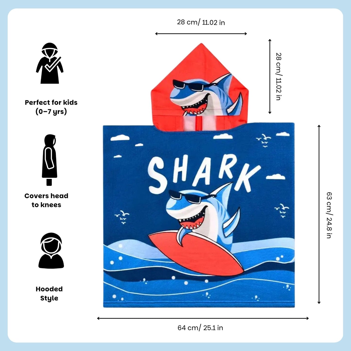 Dark Blue Shark Dive Poncho Bath Towel for Kids, 1-7 years | Quick-Drying Microfiber Kids Towel