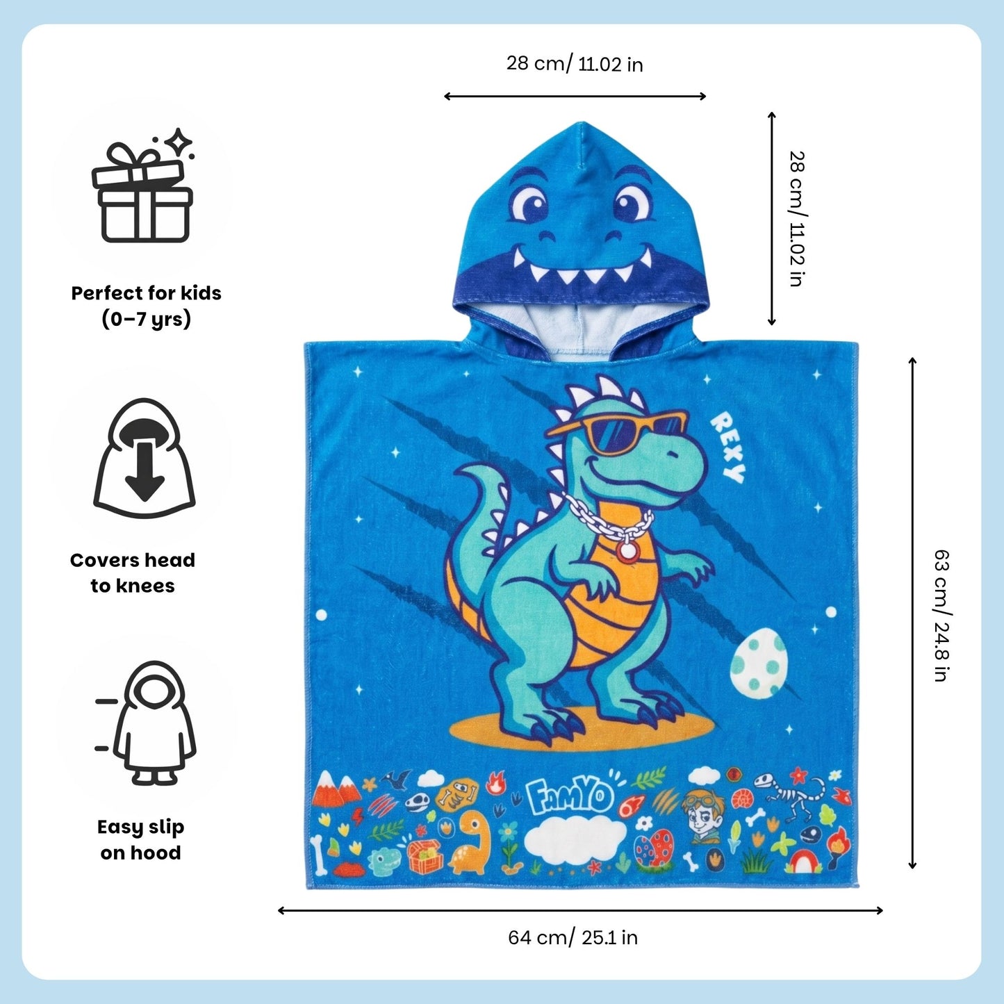 Rexy the Dino hooded poncho towel for kids featuring soft quick-dry terry fabric, lightweight absorbent design, wearable hood with knee-length coverage, and ideal for bath, beach, pool, swimming, travel, and everyday use.