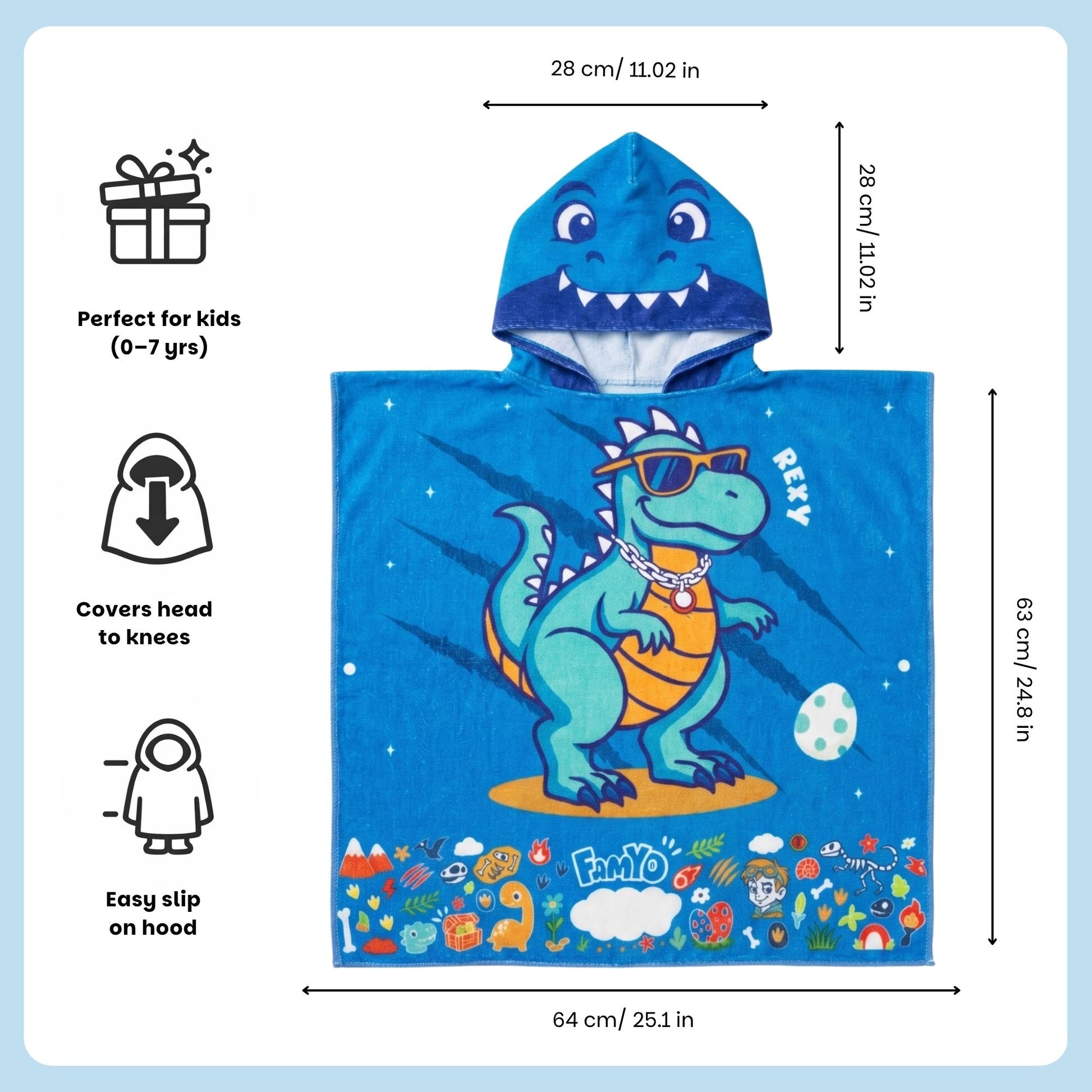 Rexy the Dino hooded poncho towel for kids featuring soft quick-dry terry fabric, lightweight absorbent design, wearable hood with knee-length coverage, and ideal for bath, beach, pool, swimming, travel, and everyday use.