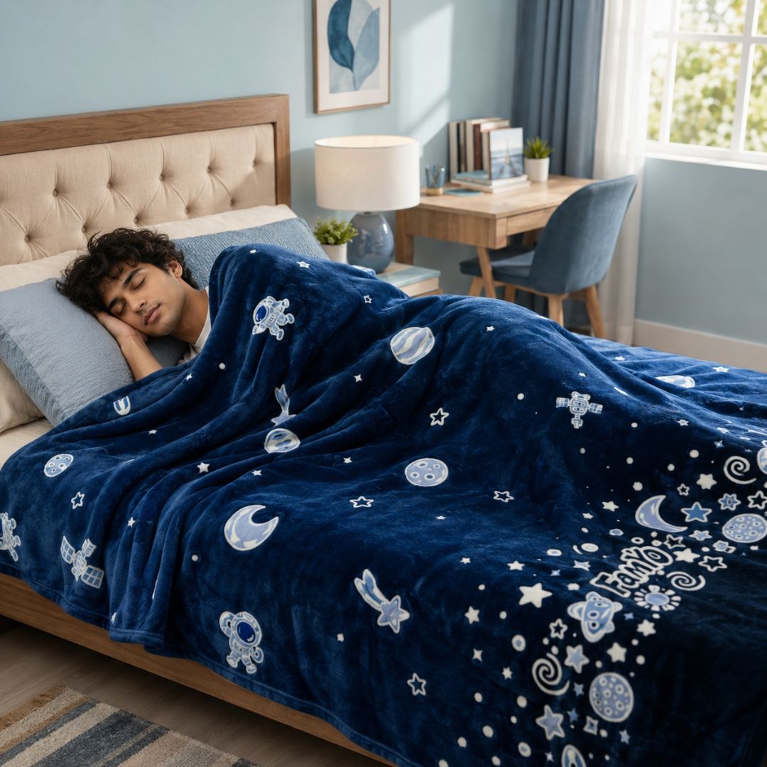 Dark Blue Astronaut Glow in the Dark Quilt/Blanket/AC Comforter | Soft Premium Flannel | Queen Size | All-Season Glow Blanket for Adults