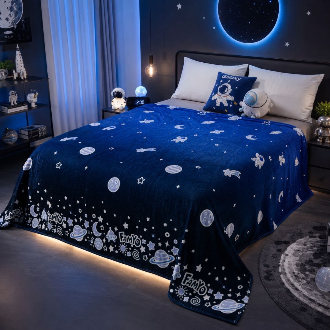 Dark Blue Astronaut Glow in the Dark Quilt/Blanket/AC Comforter | Soft Premium Flannel | Queen Size | All-Season Glow Blanket for Adults