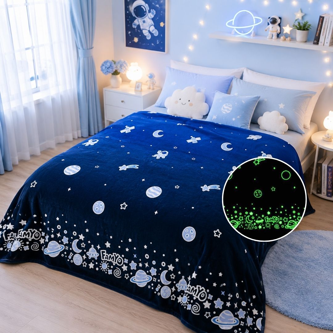 Dark Blue Astronaut Glow in the Dark Quilt/Blanket/AC Comforter | Soft Premium Flannel | Queen Size | All-Season Glow Blanket for Adults