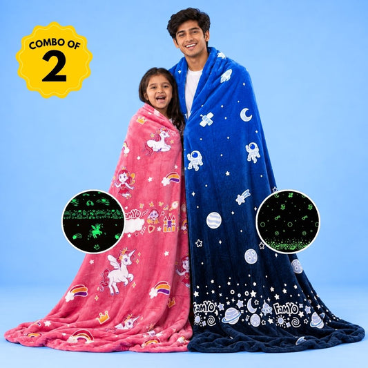 June the Unicorn & Dark Blue Astronaut Glow in the Dark Quilt/Blanket/AC Comforter Set for Kids | Set of 2 Soft Flannel Queen Size Blankets