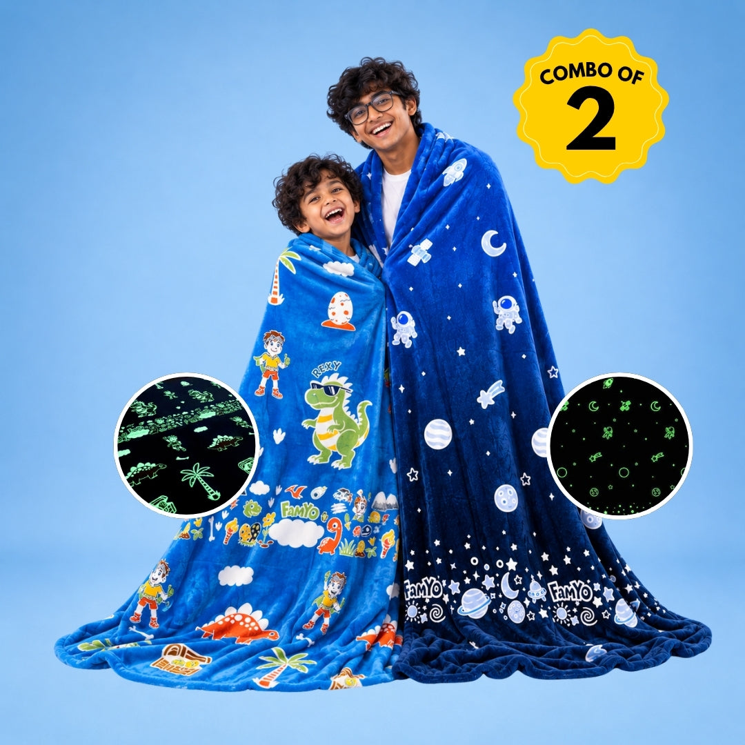 Dark Blue Astronaut & Rexy the Dino Glow in the Dark Blanket/Ouilt/ AC Comforter Combo for Kids | Set of 2 Queen Size