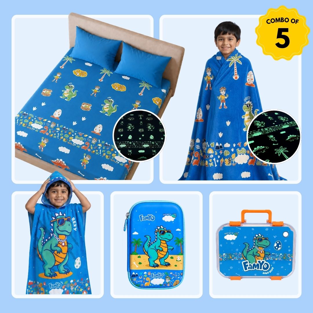 Rexy the Dinosaur Complete Set for Kids | Glow Blanket, Bedsheet, Bento Box, Poncho Towel & Hard Shell Pencil Pouch | 5-Piece Gift Set